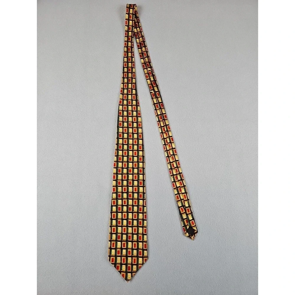 Rebae Silk Men's Neck Tie Gold Red Green Geometric Design